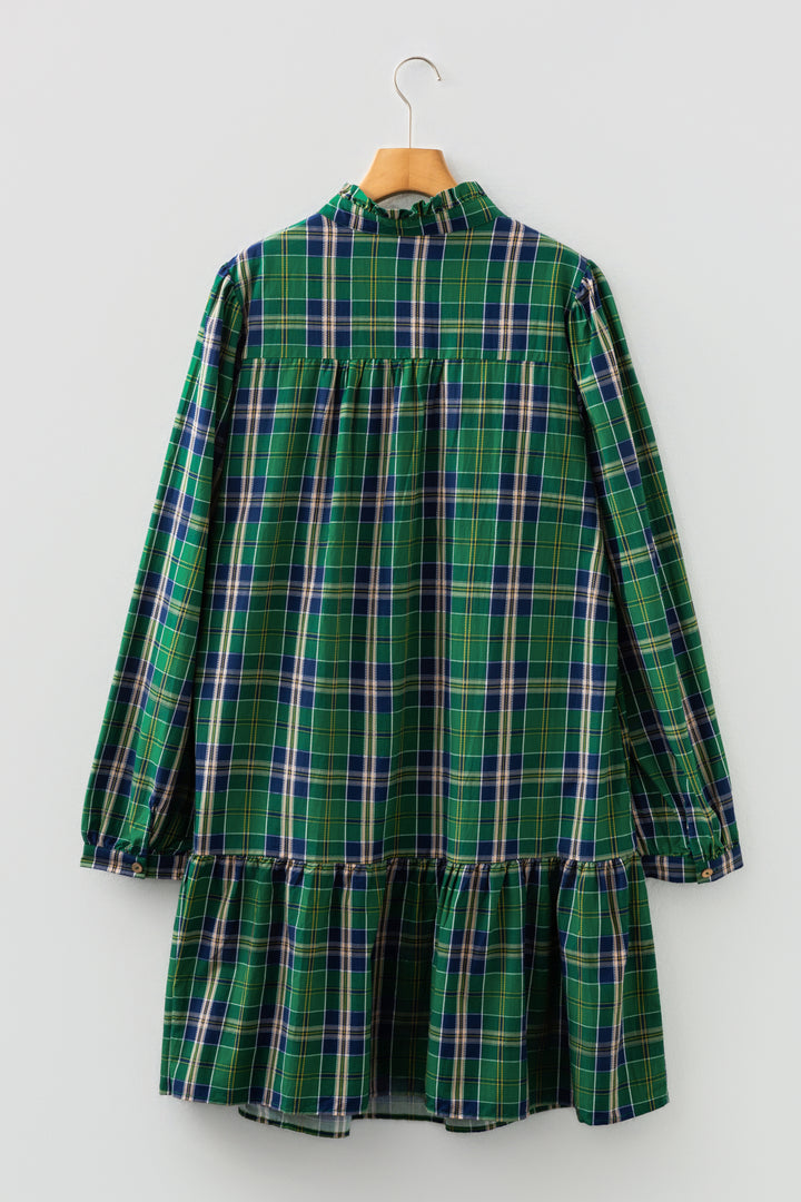 Green Plus Size Plaid Long Sleeve Notched Neck Shift Mini Dress