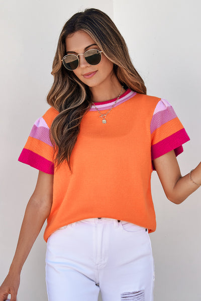 Carrot Contrast Flutter Sleeves Knitted Sweater T Shirt