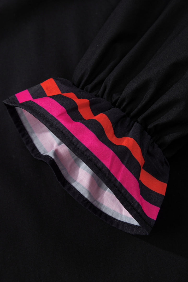 Black Striped Trim Ruffle Split Neck Long Sleeve Blouse