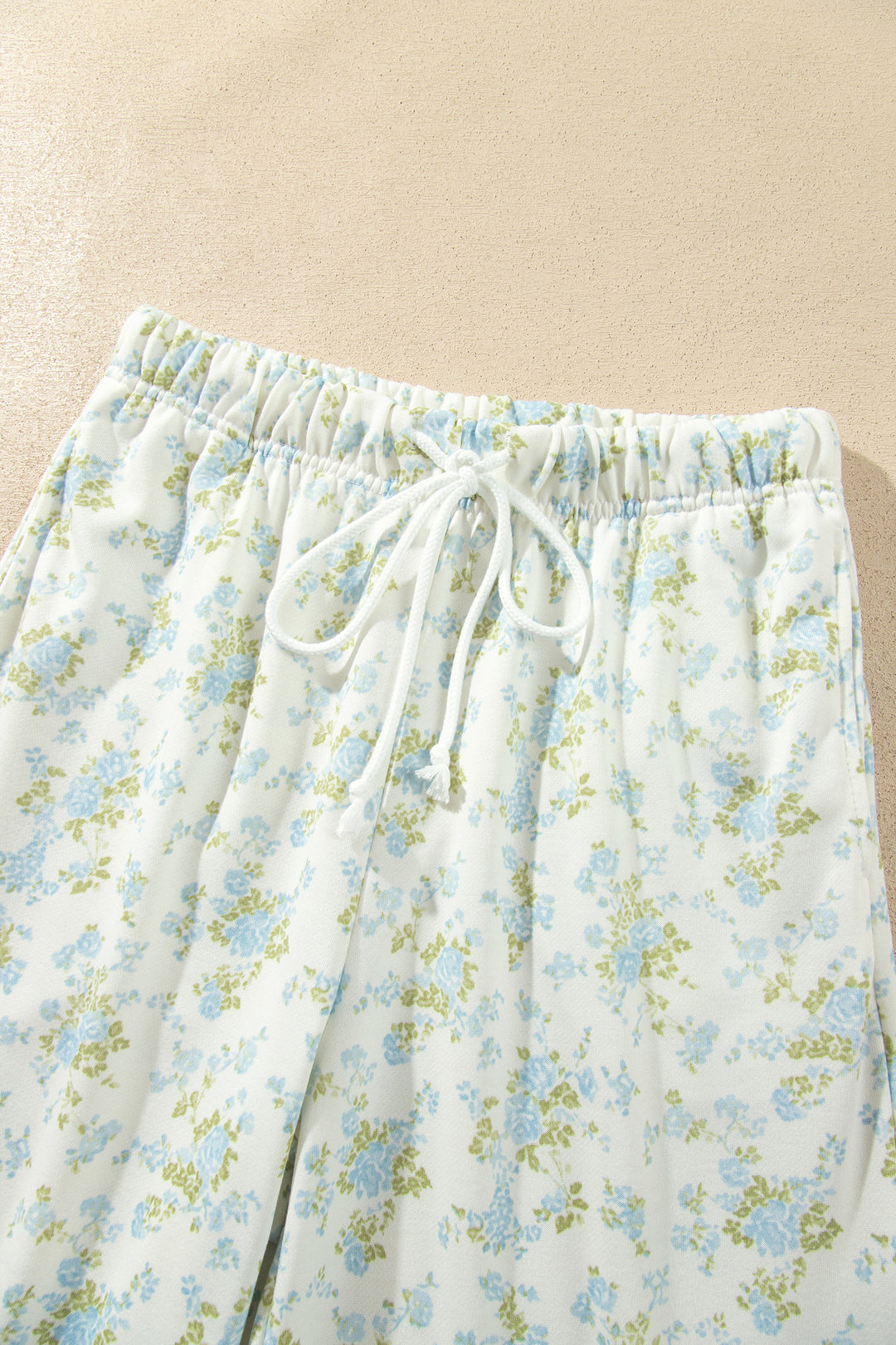 Sky Blue Floral Print Long Sleeve Top Drawstring Wide Leg Pants Set
