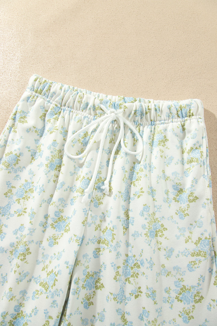 Sky Blue Floral Print Long Sleeve Top Drawstring Wide Leg Pants Set