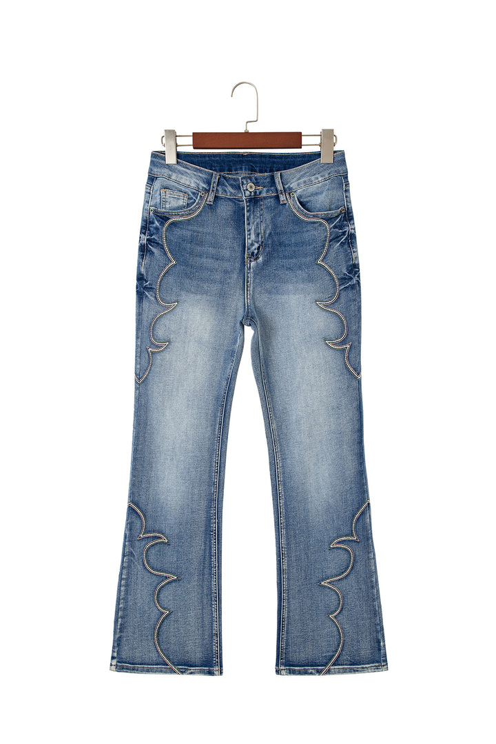 Blue Western Embroidered Flare Full Length Jeans