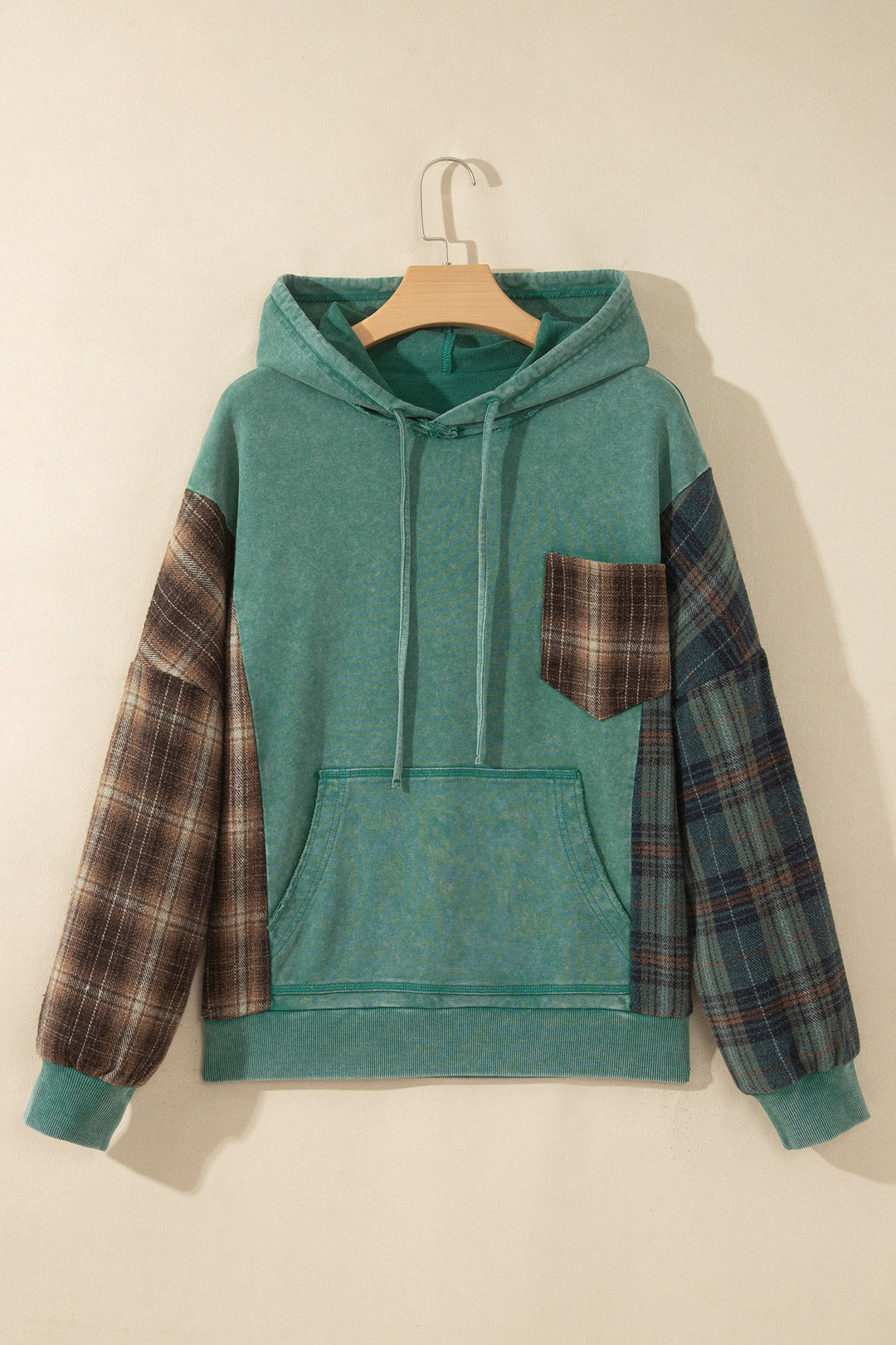 Smoke Green Plaid Colorblock Hoodie