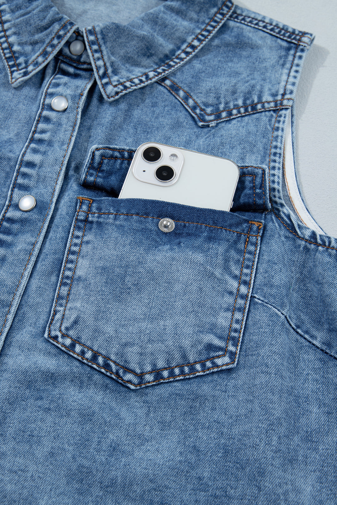 Dusk Blue Buttoned Front Collared Denim Sleeveless Top