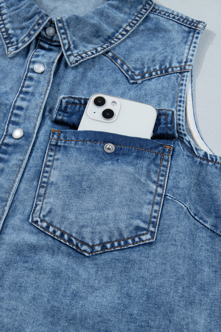 Dusk Blue Buttoned Front Collared Denim Sleeveless Top