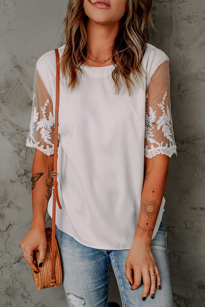 White Floral Lace Sleeve Patchwork Top