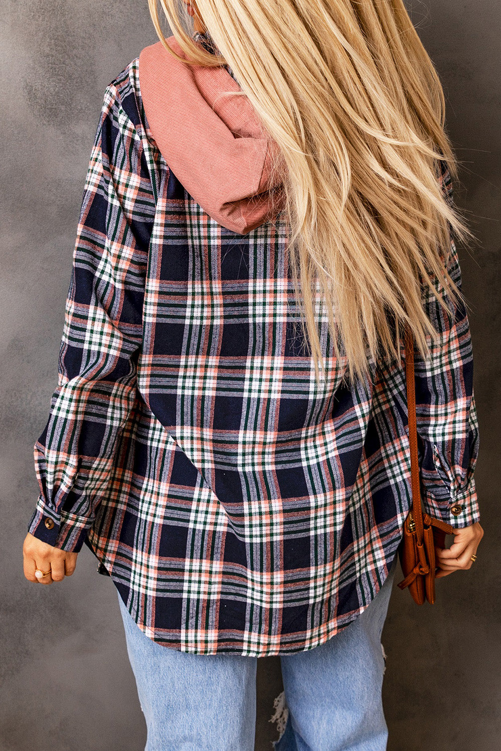 Contrast Hooded Drawstring Plaid Shacket