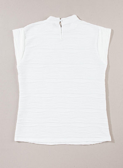 White Wavy Textured Mock Neck Cap Sleeve Top