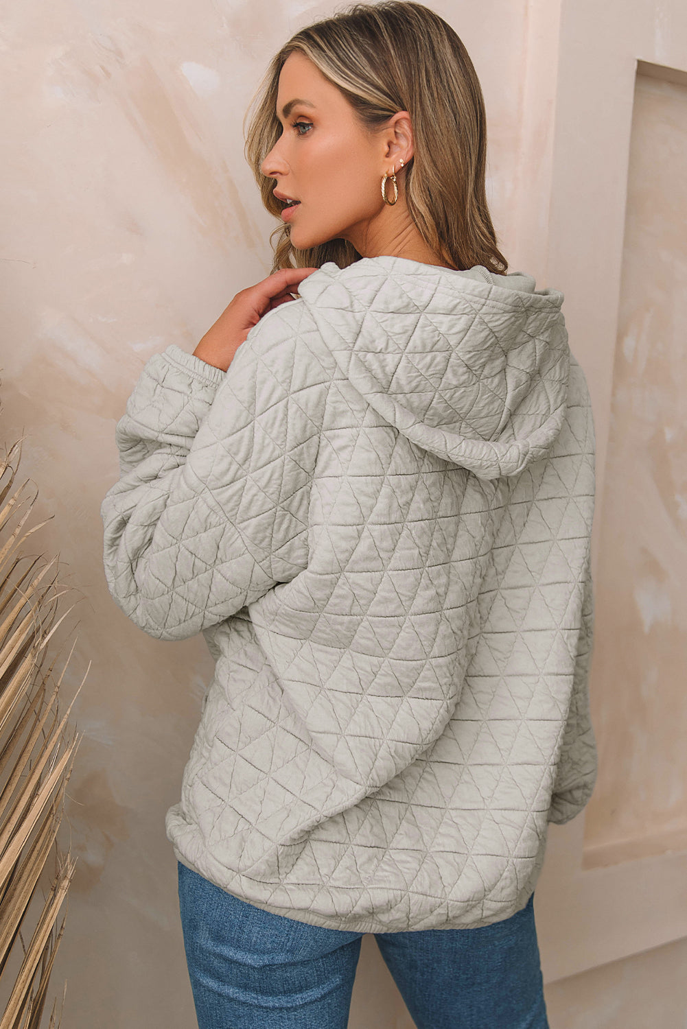 Light Grey Solid Color Quilted Kangaroo Pocket Hoodie