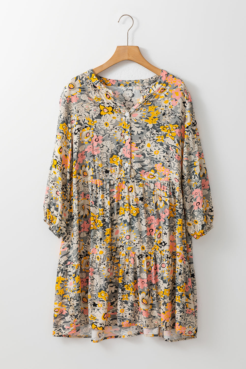 Multicolor Buttoned Crew Neck 3/4 Sleeve Floral Dress