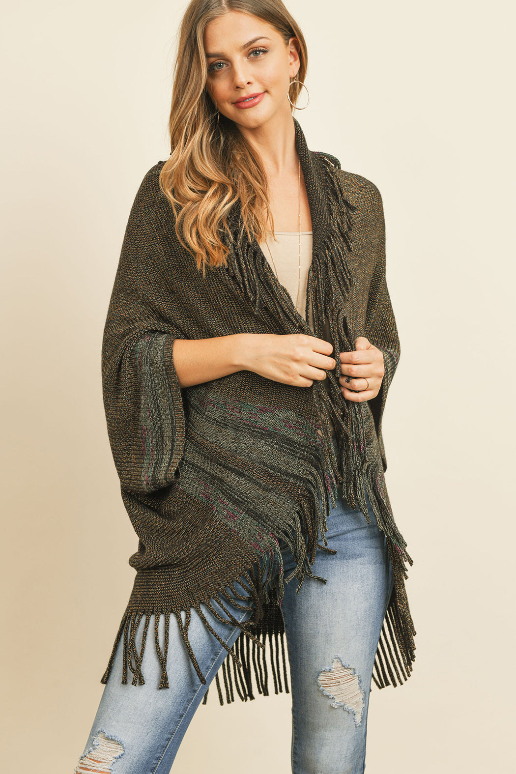 Fringe Stripe Open Front Kimono