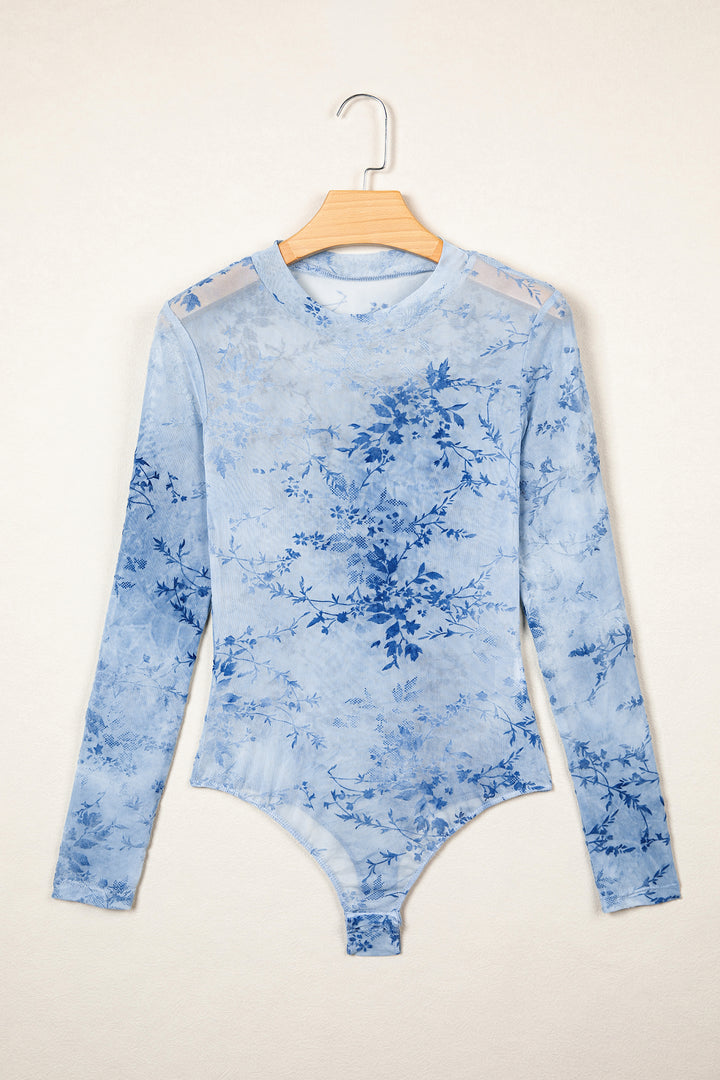 Sky Blue Sheer Mesh Floral Printed Mock Neck Long Sleeve Bodysuit