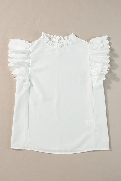 White Solid Color Scalloped Ruffle Sleeve Top