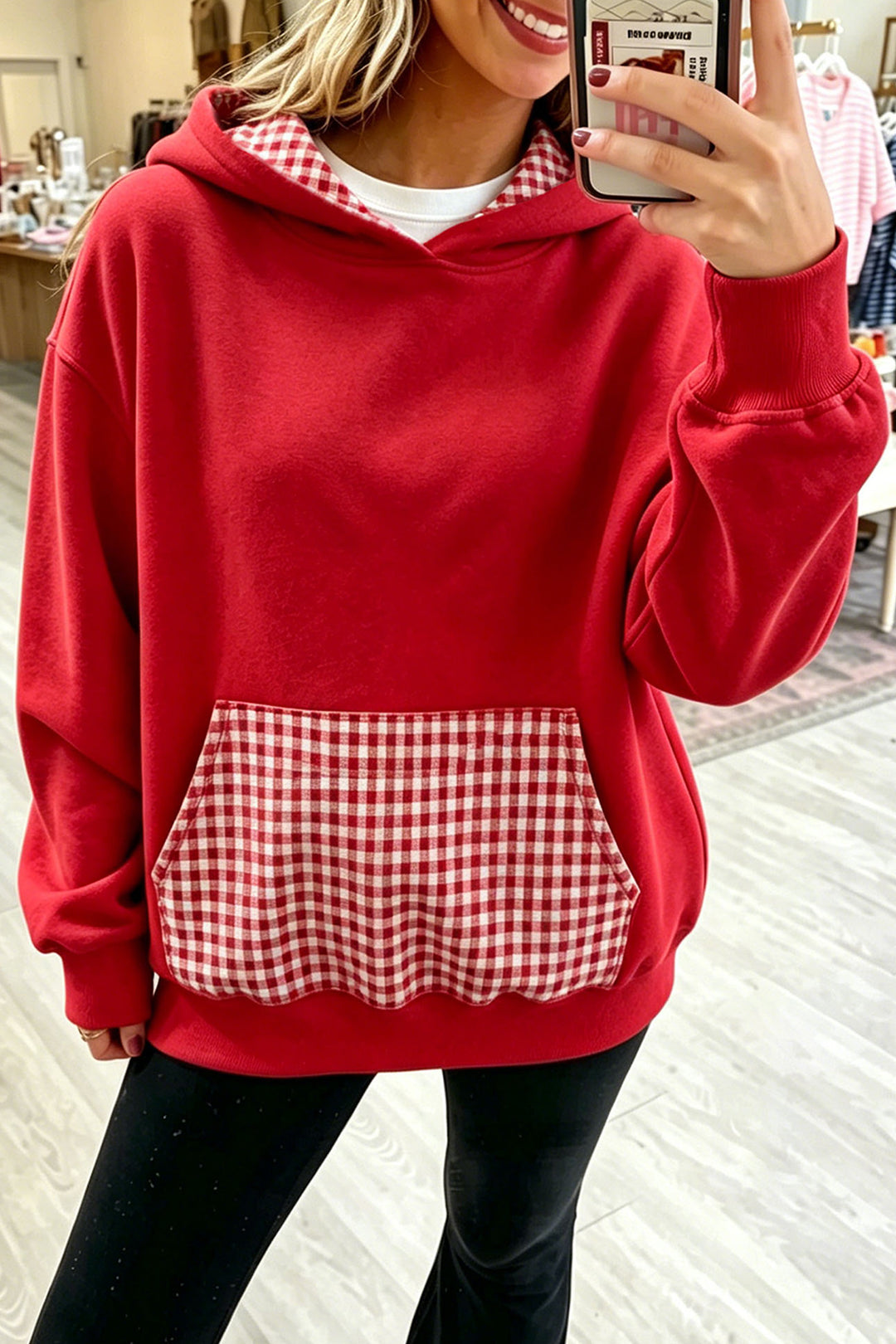 Sky Blue Plaid Patchwork Front Pocket Casual Hoodie