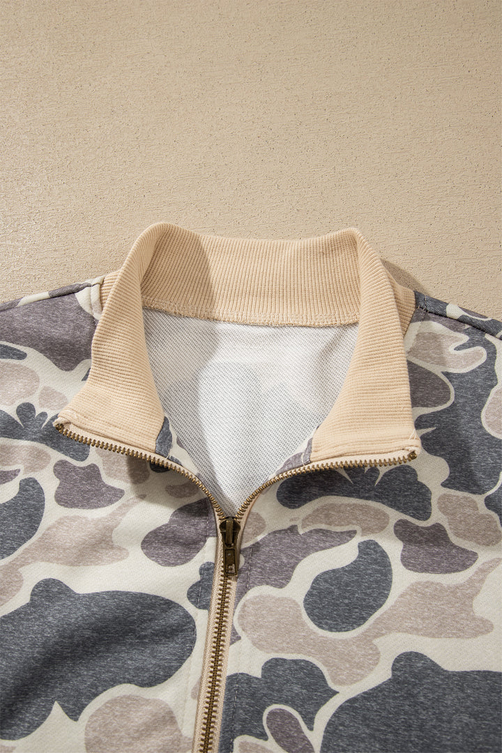 Multicolour Camouflage Print Color Block Trim Zip Bomber Sweatshirt