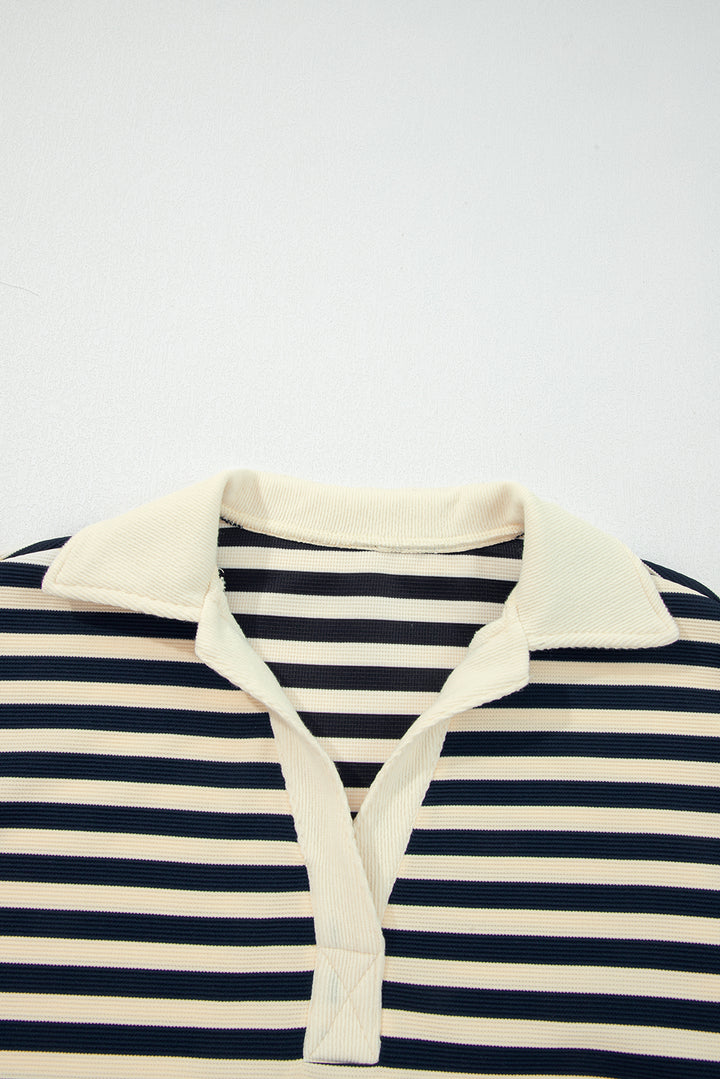 Blue Stripe Collared V Neck Long Sleeve Casual Top