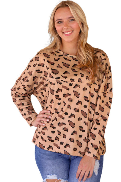 Brown Animal Print Stitching Loose Long Sleeve Top