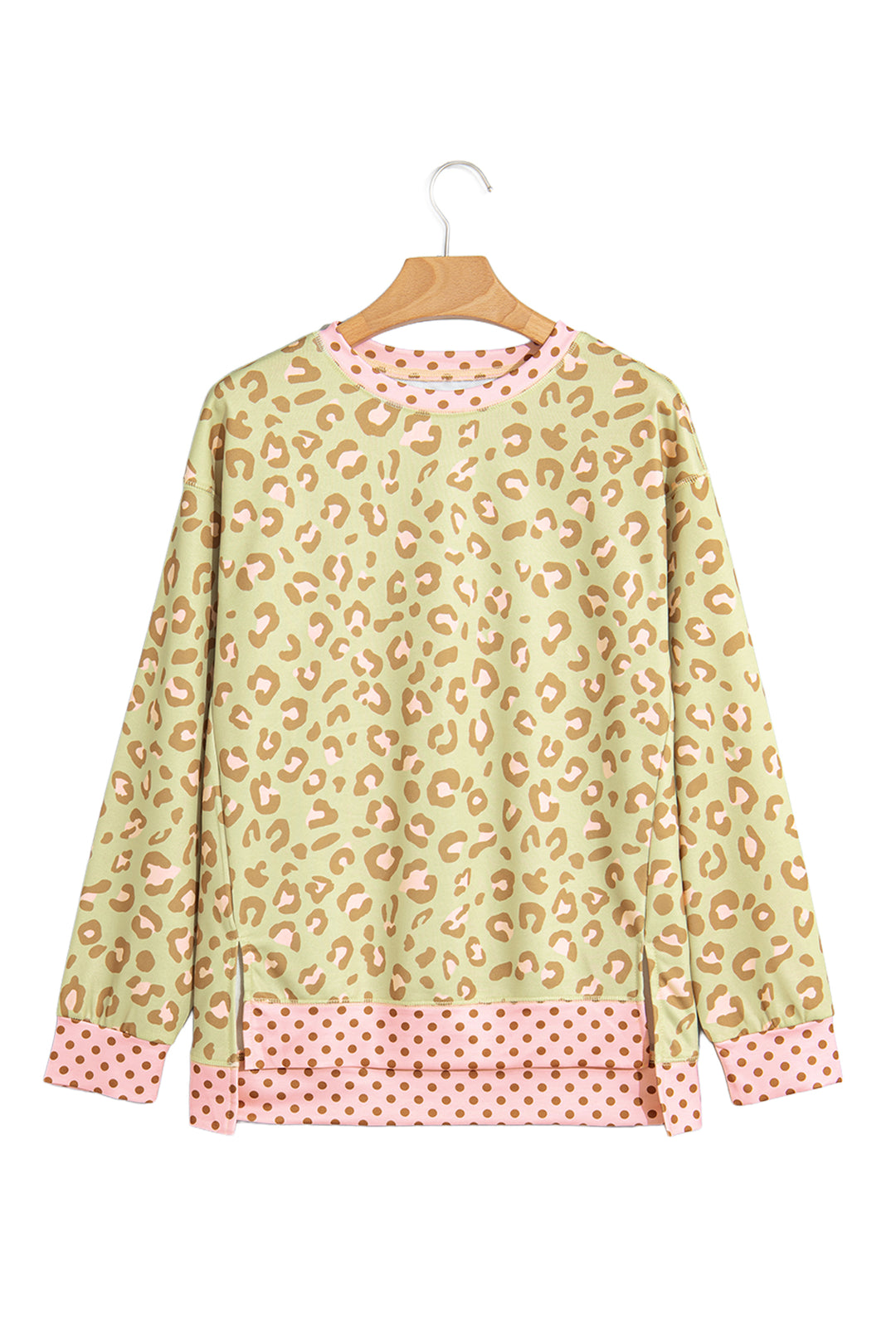 Khaki Leopard Polka Dot Colorblock Trim Long Sleeve Top
