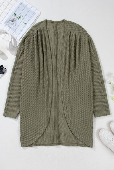 Seagrass Waffle Knit Drop Shoulder Open Front Pocketed Plus Size Cardigan