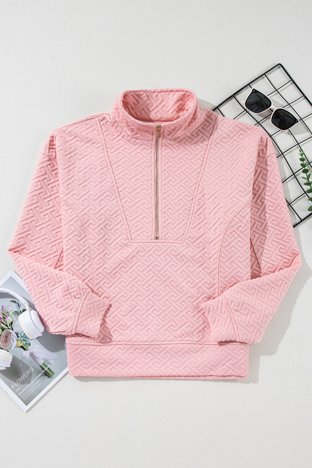 Light Pink Solid Textured Half Zipper Collared Sweatshirt