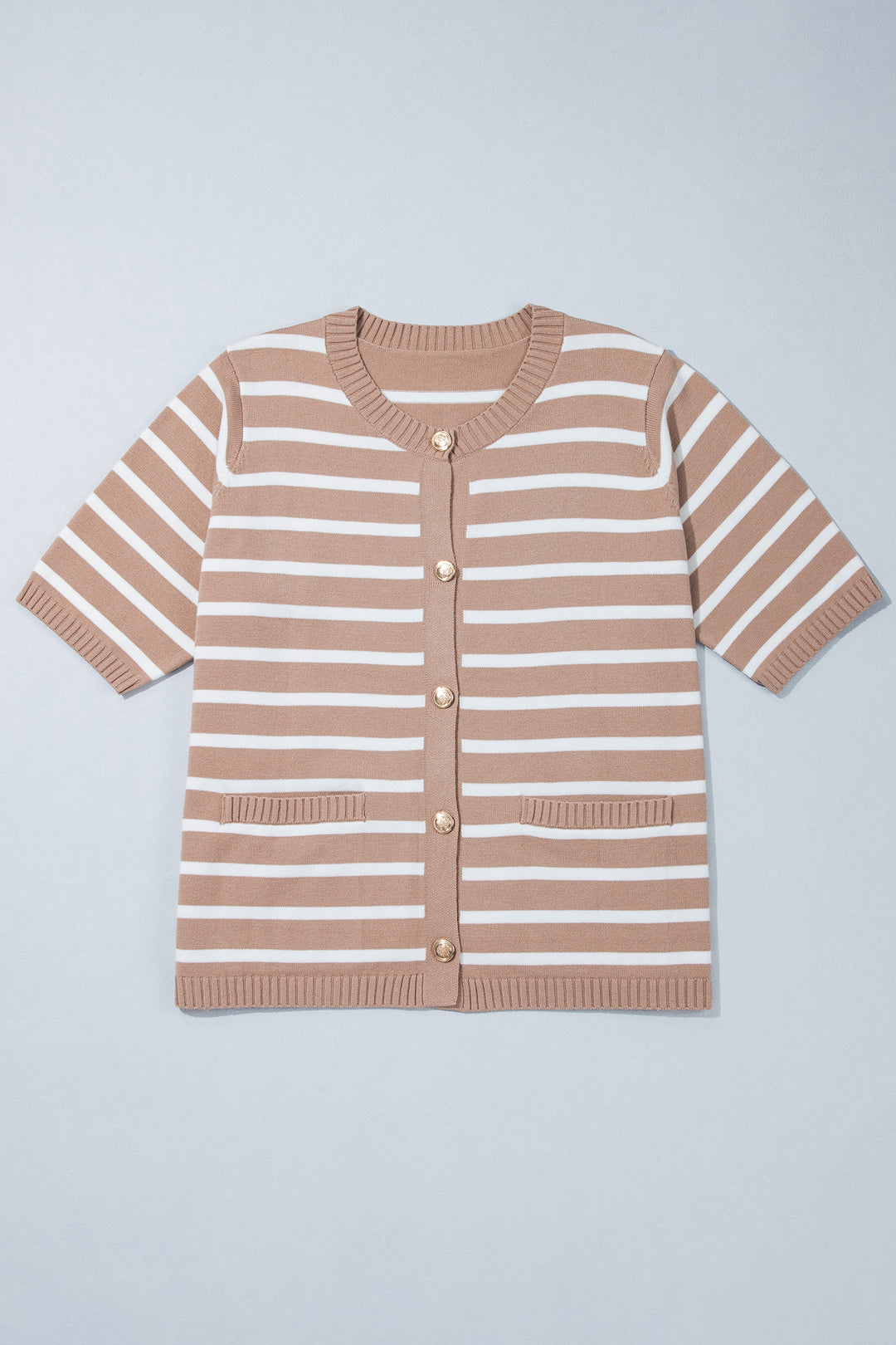 Khaki Stripe Button Down Short Sleeve Knit Plus Size Cardigan