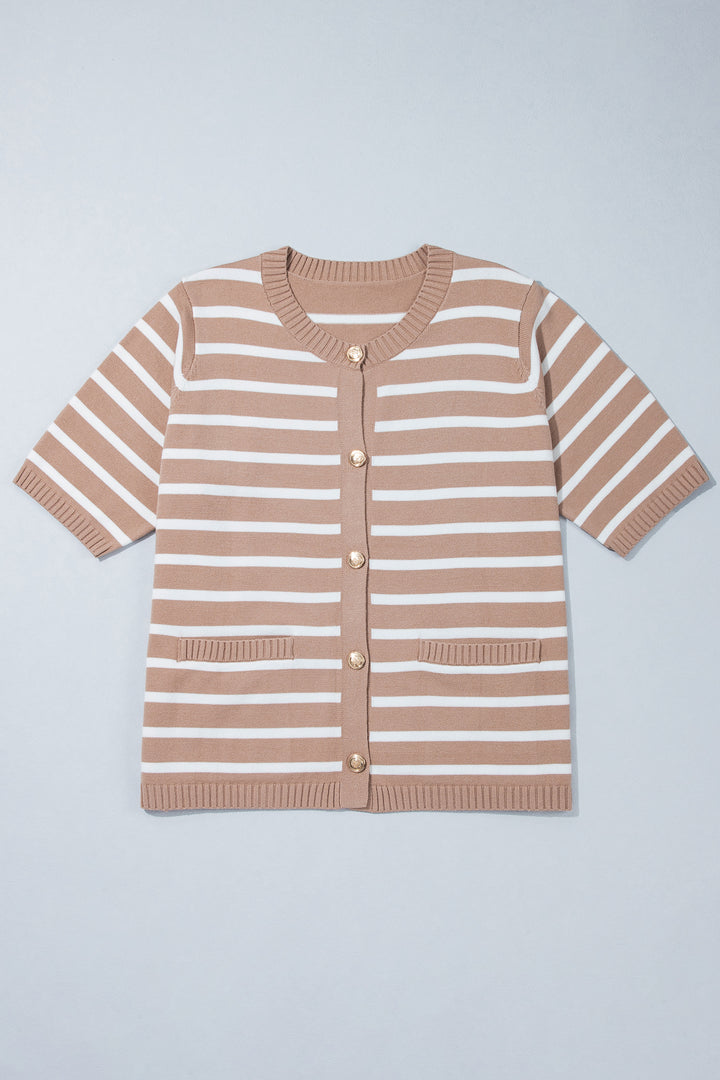 Khaki Stripe Button Down Short Sleeve Knit Plus Size Cardigan