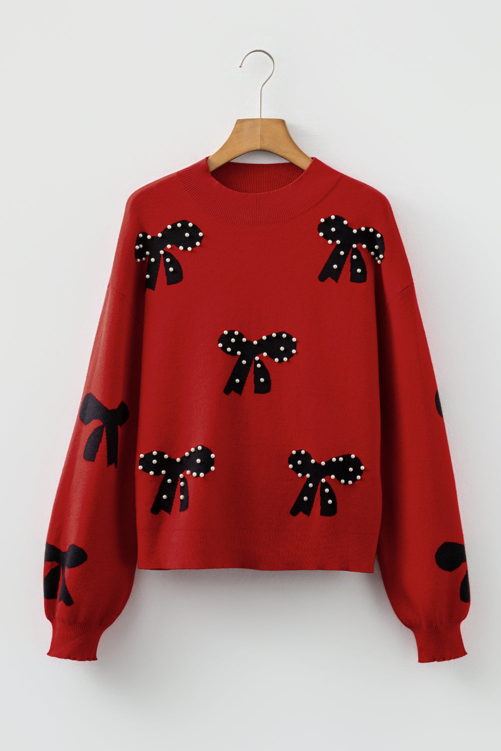 Blackish Green Pearl Embellished Bow Pattern Loose Sweater