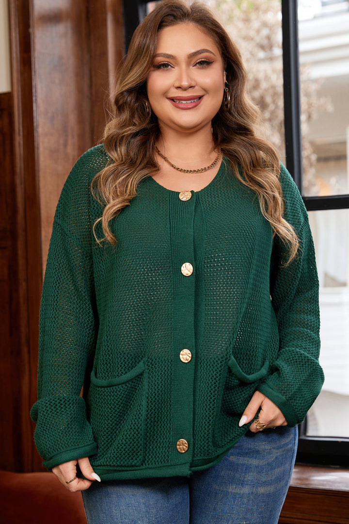 Blackish Green Plus Size Golden Accent Buttons Short Sweater Cardigan