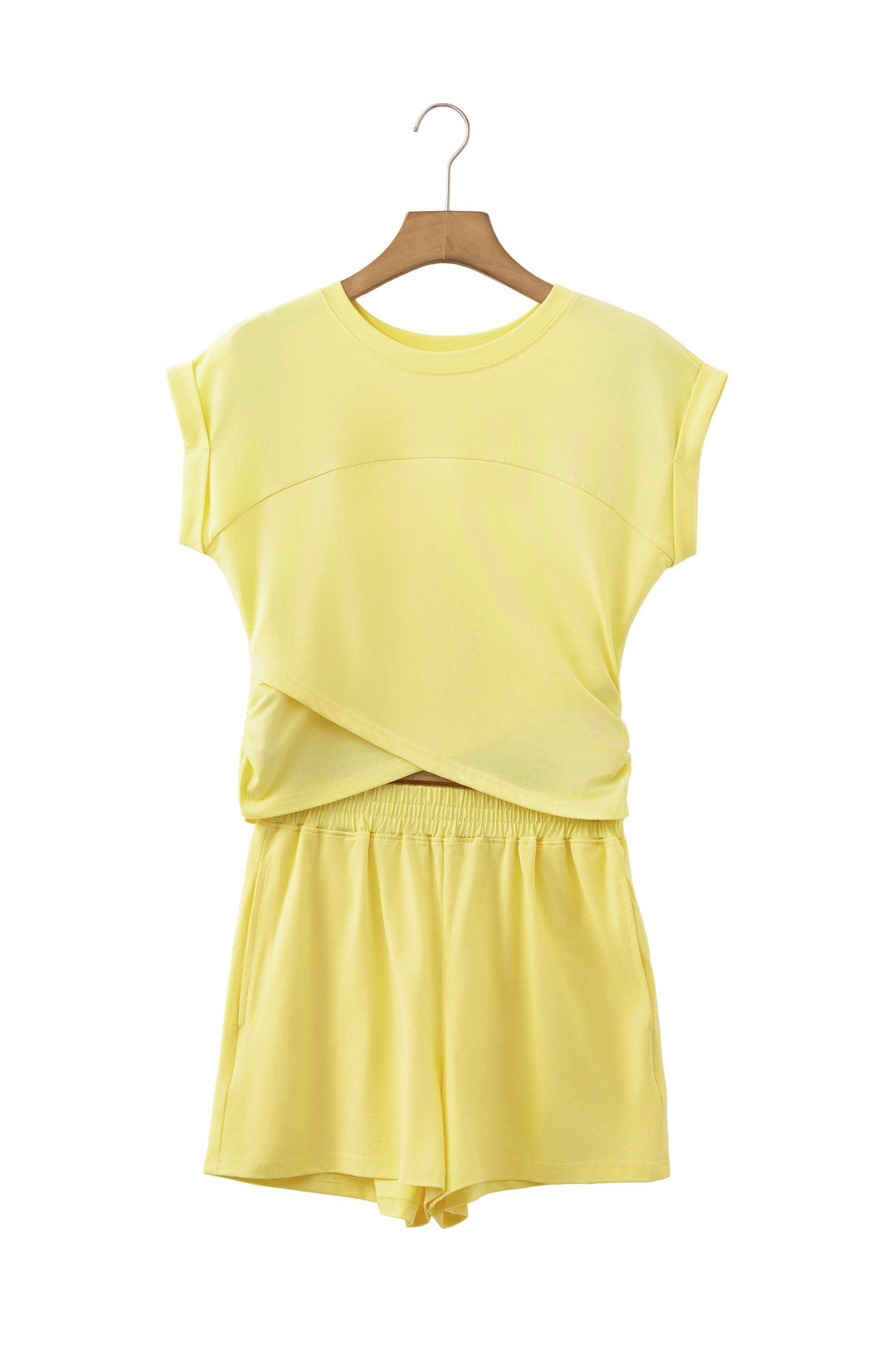 Mint Green Solid Short Sleeve Elastic Waist Pocket Casual Two Piece Short Set