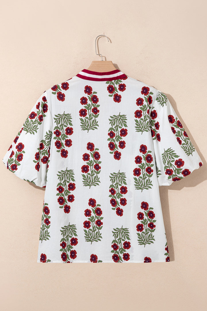 Black Plus Size Floral Print Ricrac Striped Trim Short Sleeve Cotton Blouse