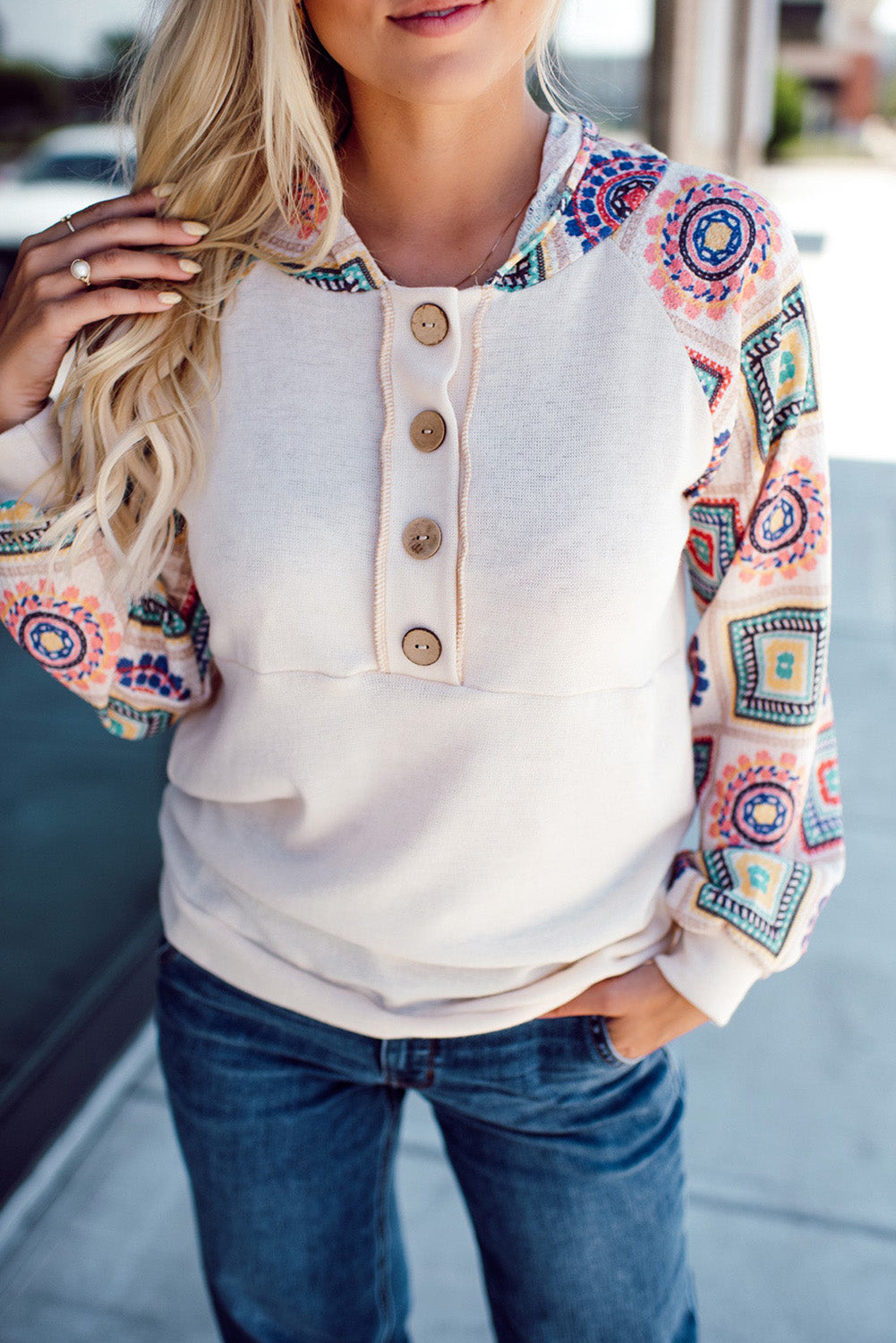 White Geometric Patchwork Raglan Sleeve Henley Hoodie