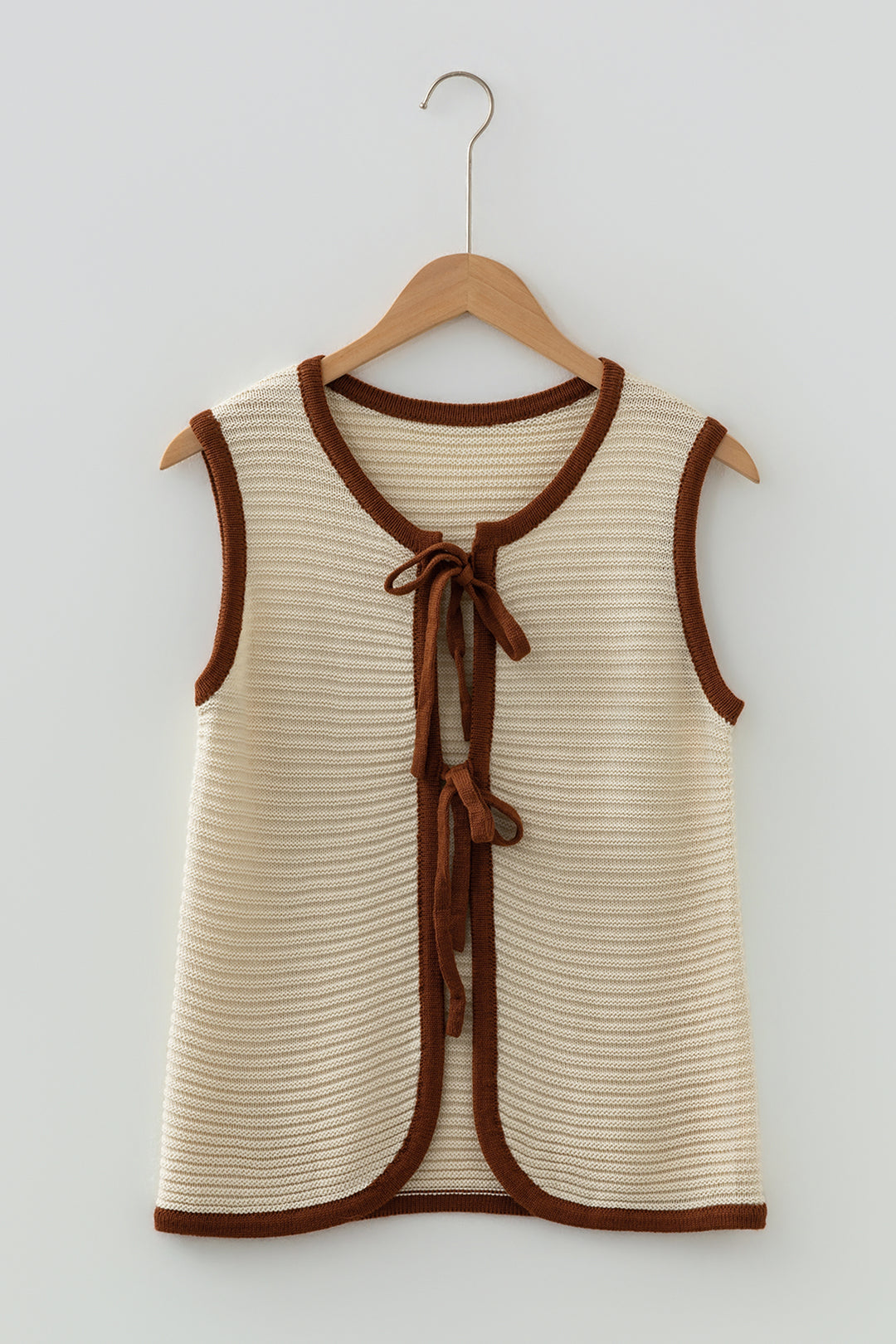 White Horizontal Ribbed Knit Contrast Trim Ties Front Sweater Vest