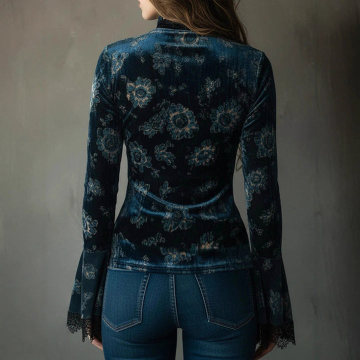 Women’s Retro Lace Panel V-Neck Blouse – Elegant Print Bell Sleeve Top for Spring &amp; Autumn Wear
