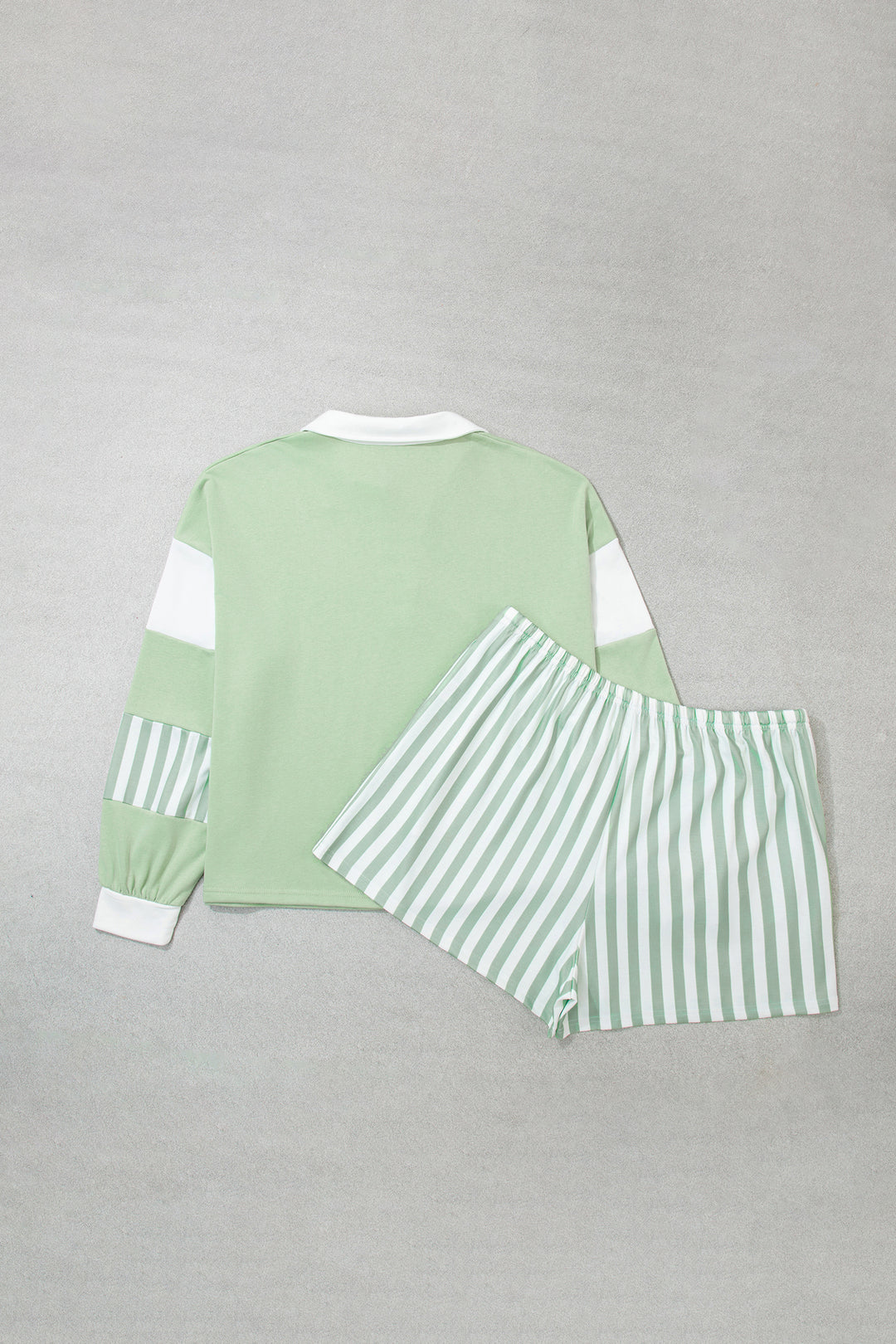Smoke Green Striped Patchwork V Neck Two Piece Shorts Plus Size Set