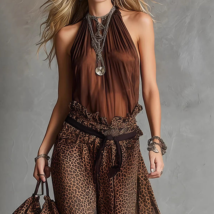 Leopard Print Sheer Wide-Leg Pants &amp; Sleeveless Tank Top Set