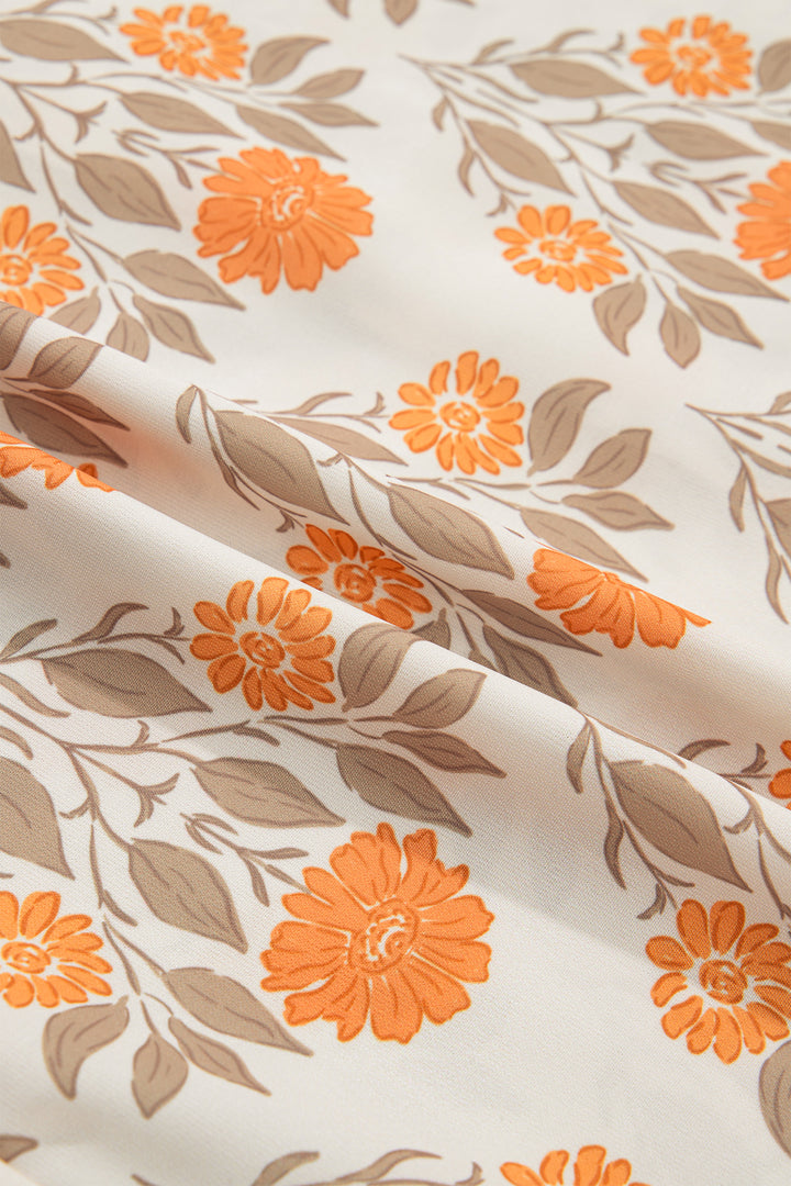 Orange Floral Print Contrast Detail V Neck Long Sleeve Blouse