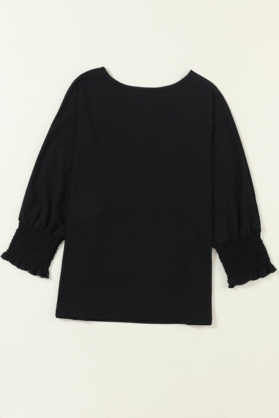 Black Smocked 3/4 Sleeve Casual Loose Top