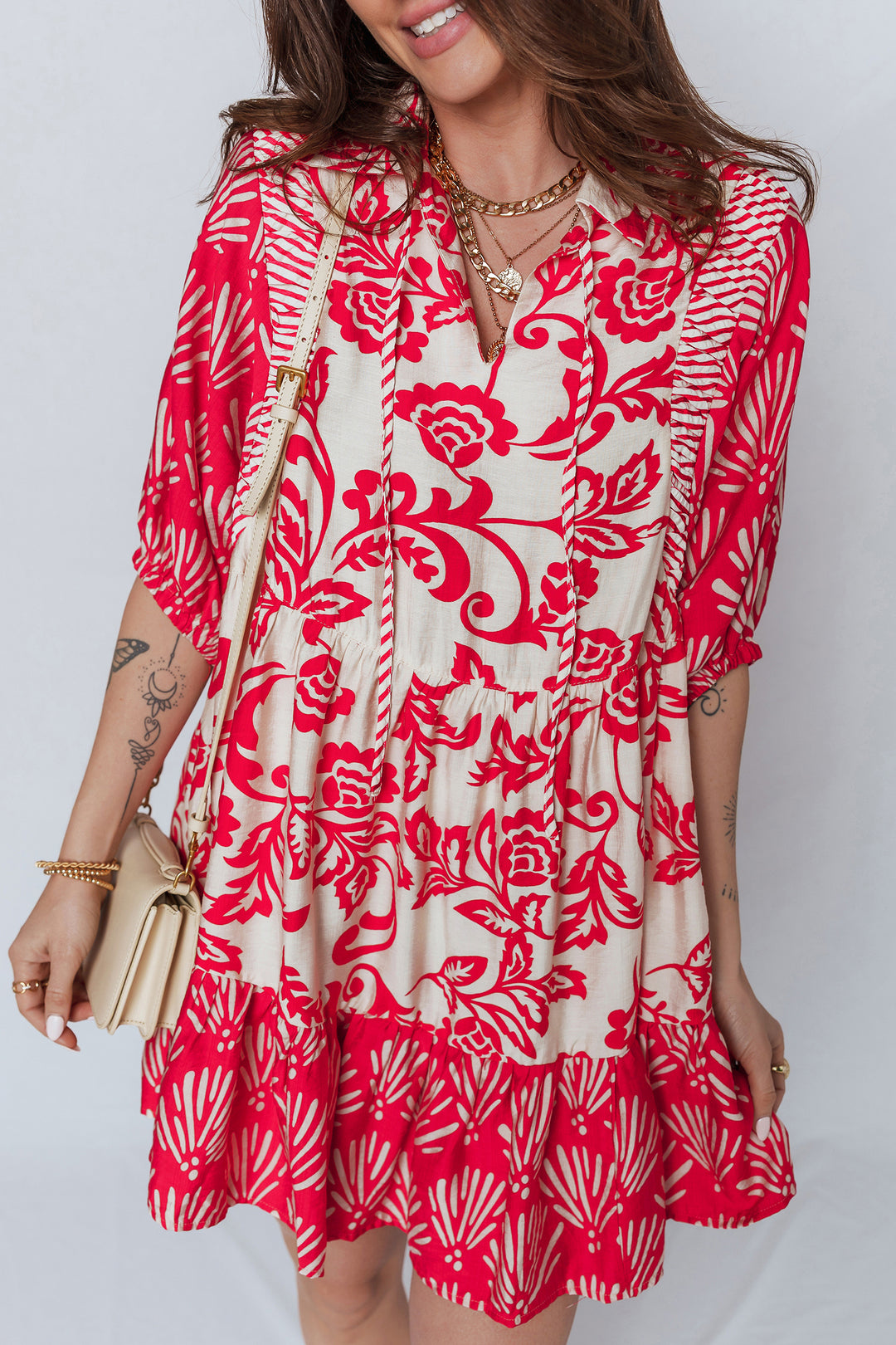 Red Collared V Neck Half Sleeve Loose Flower Mini Dress