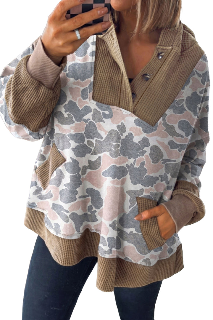 Khaki Camouflage Print Waffle Knit Patchwork Half Zip Plus Size Hoodie