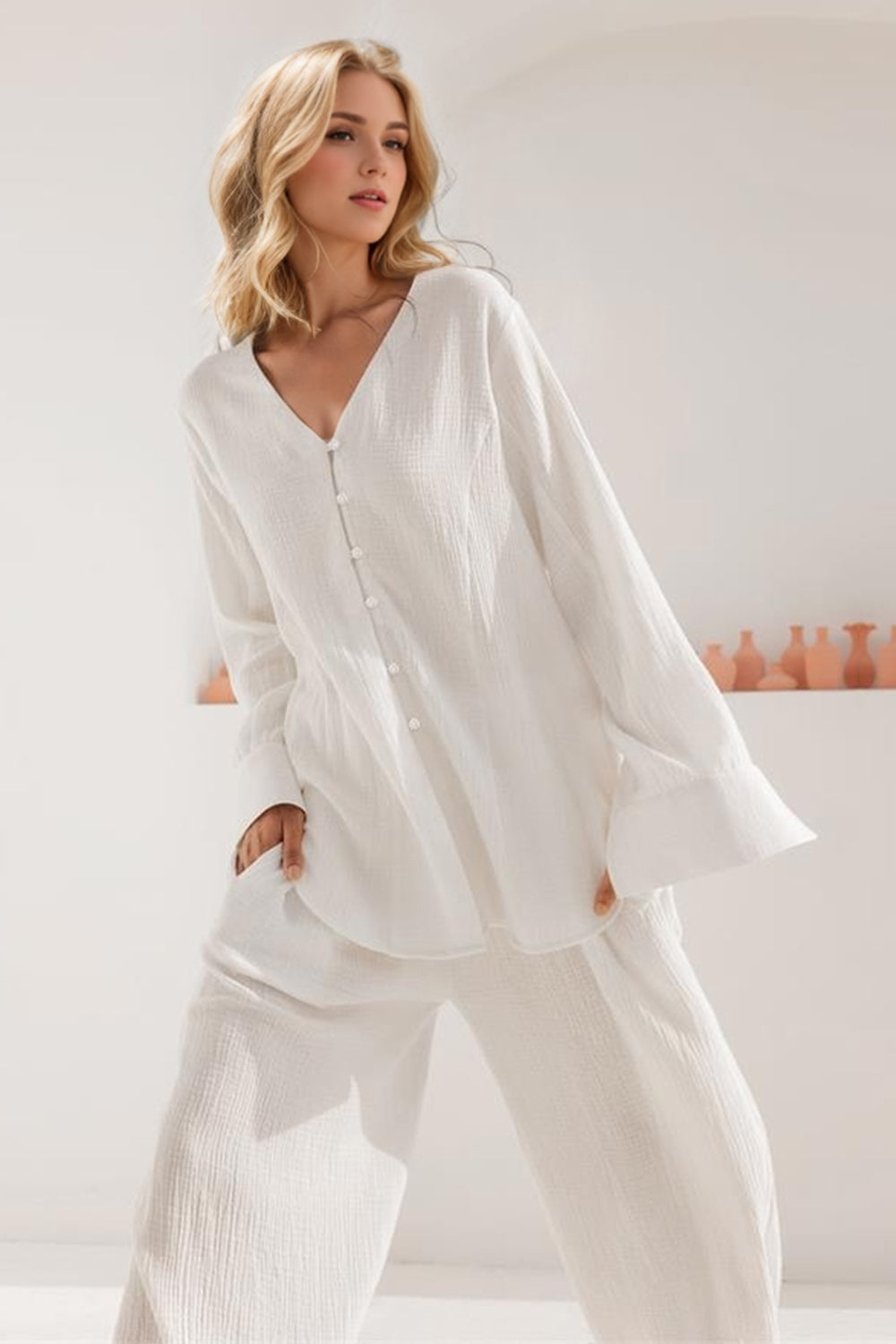 Basic Bae Buttery-Soft V-Neck Long Sleeve Top and Pants Set