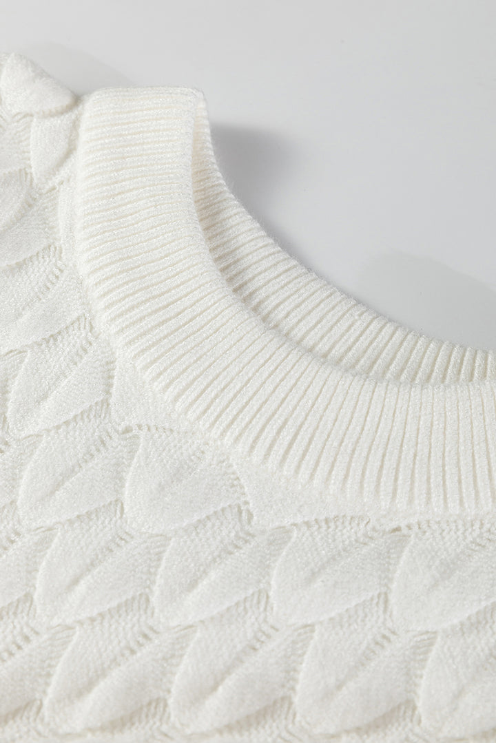 White Fish Scale Textured Knit Ribbed High Neck Short Sleeve Sweater