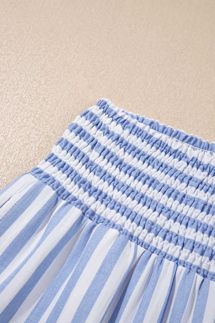 Black Stripe Shirred High Waist Loose Summer Pants