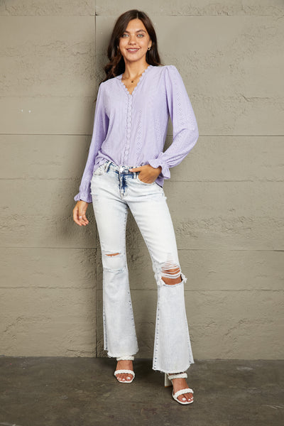 Mandy Eyelet V-Neck Flounce Sleeve Blouse