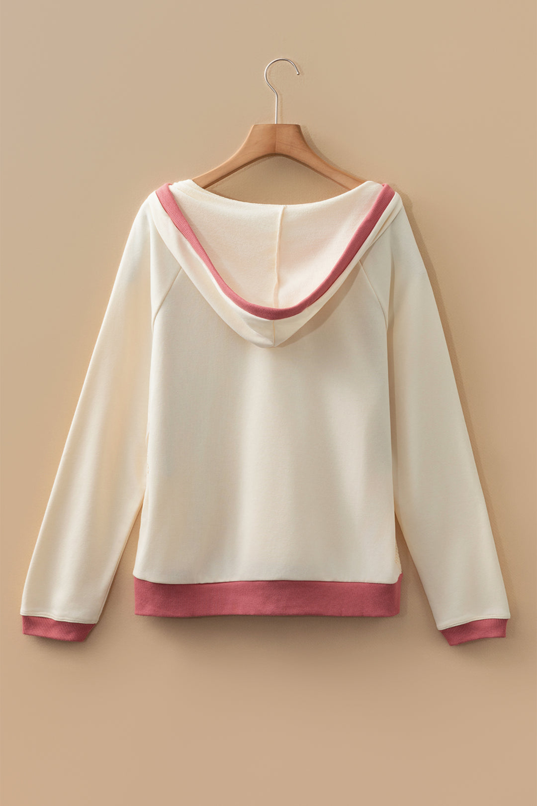 White Contrast Trim Crochet Knit Patchwork Exposed Seam Hoodie