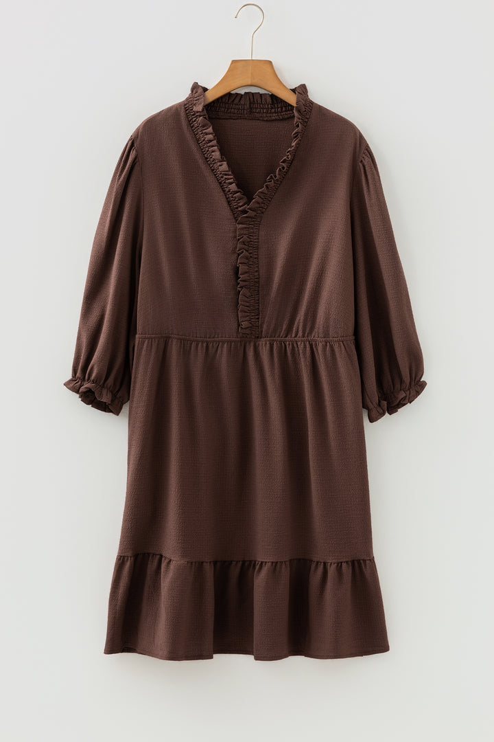 Coffee Plus Size Frilled Trim V Neck Puff Sleeve Textured Mini Dress