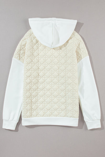 Beige Drop Shoulder Quilted Patchwork Kangaroo Pocket Hoodie