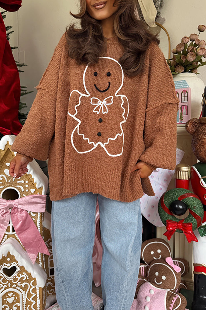 Brown Oversized Drop Shoulder Round Neck Christmas Sweater
