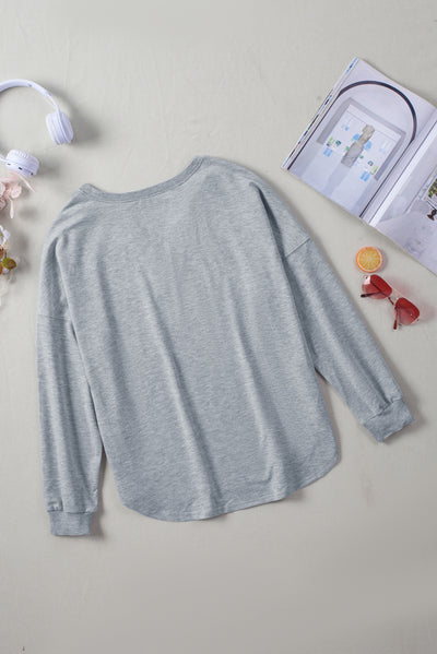 Gray Buttoned V Neck Cotton Loose Fit Top