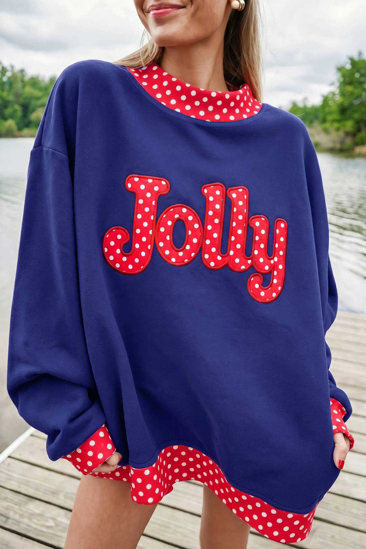 Fiery Red Polka Dot Letter Print Contrast Trim Mock Neck Sweatshirt