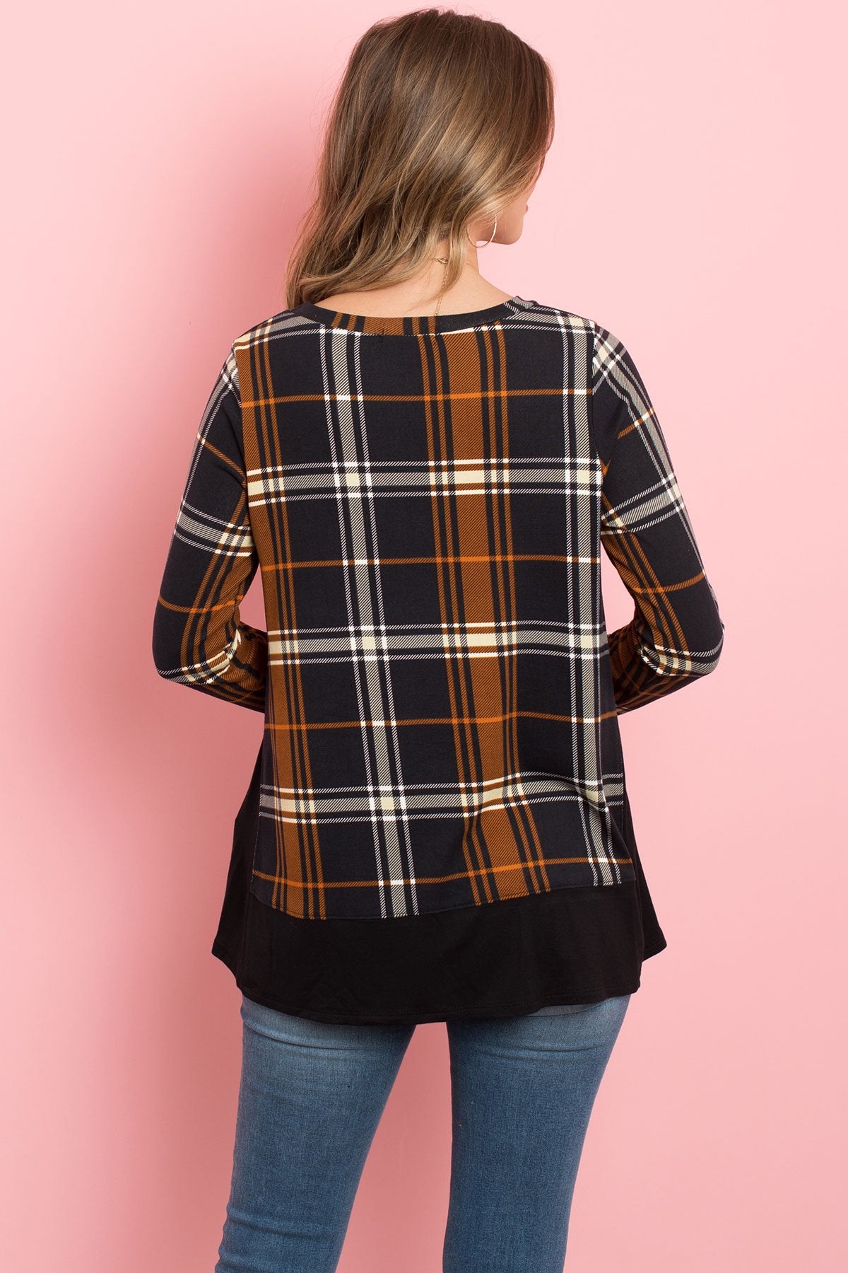 Solid Hem and Side Contrast Plaid Top